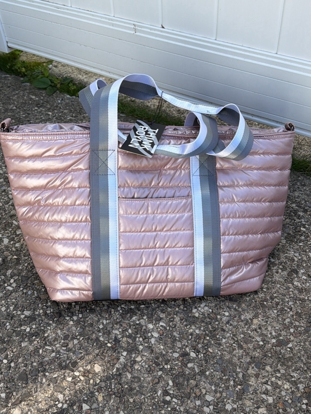THINK ROYLN Quilted Metallic Rose Pink Tote with Striped Handles